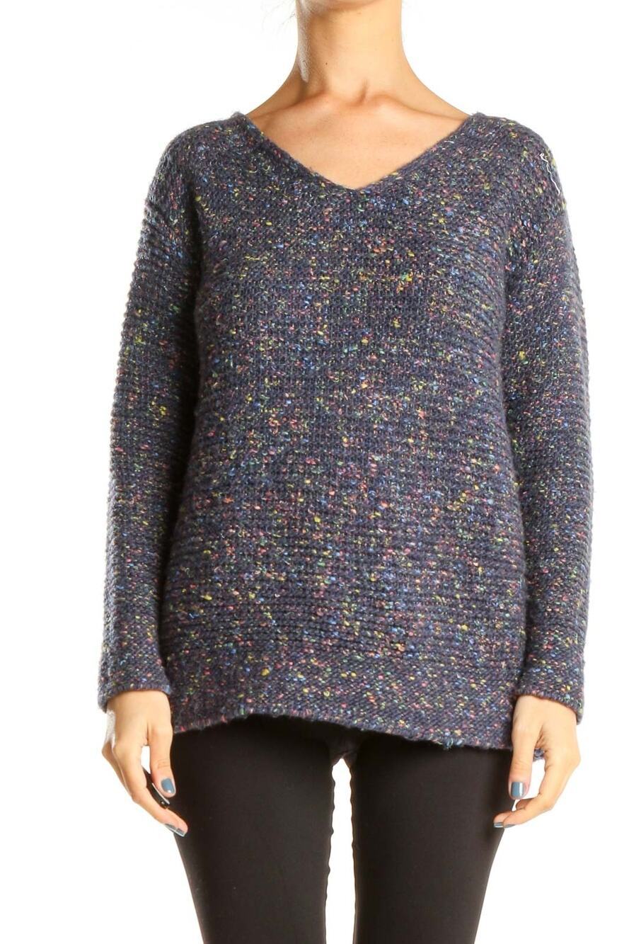 Lou & Grey Sweater XL Navy Blue Colorful Speckled V-Neck Pullover Cozy Soft
